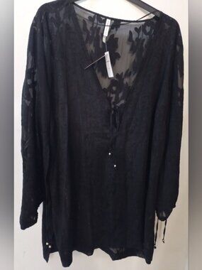 Joe Fresh Plus Roxy Earle  Black Sheer Long Sleeve Deep V Swim Coverup Size 1X